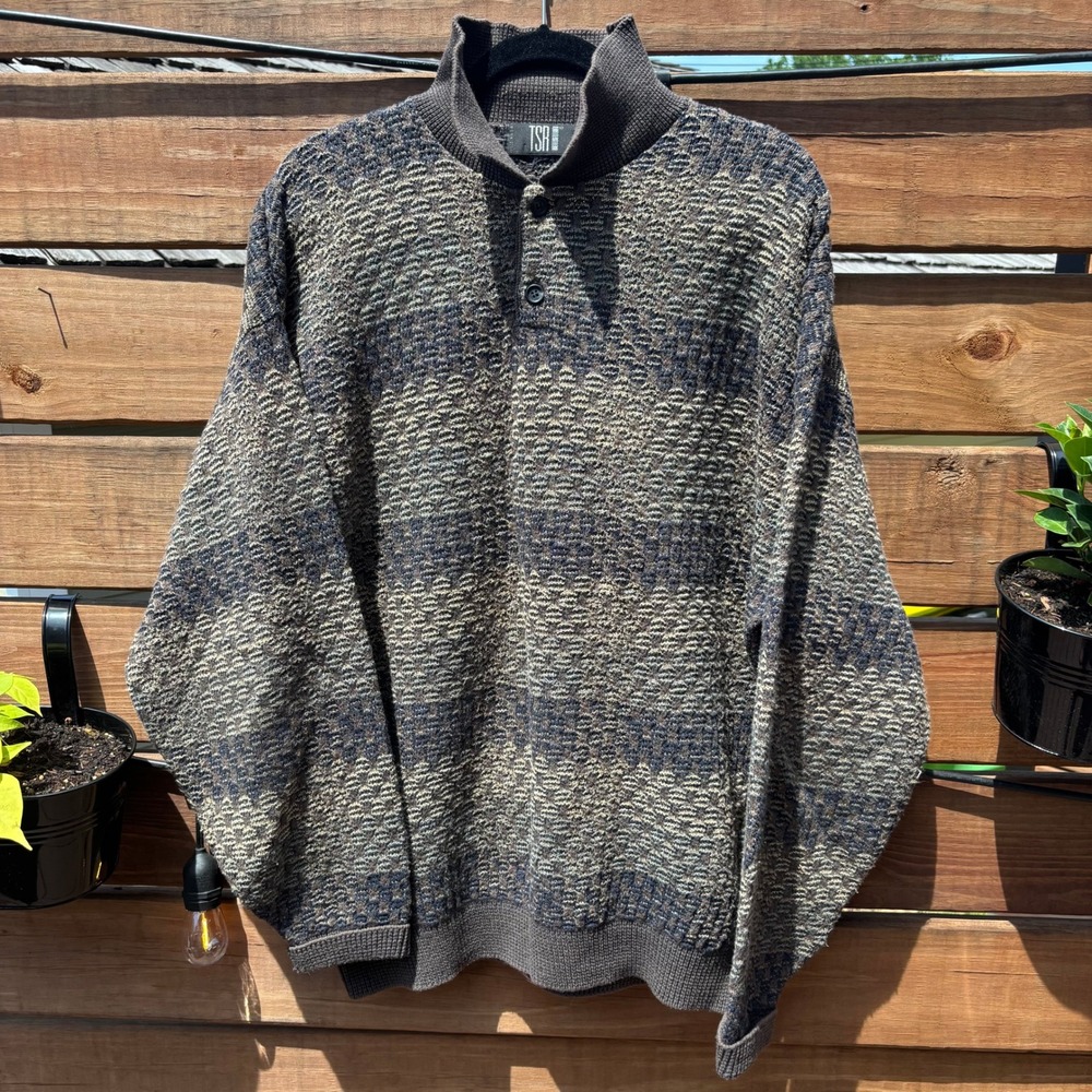 TSR Sweater Mens XXL Brown Striped Good Vintage Mock Neck Knit Pullover USA